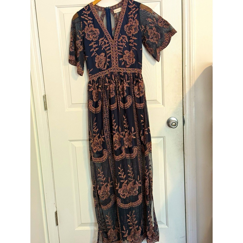 Altar'd State boho Navy Pink Floral Embroidered Mesh Maxi Dress Lined V-Neck S